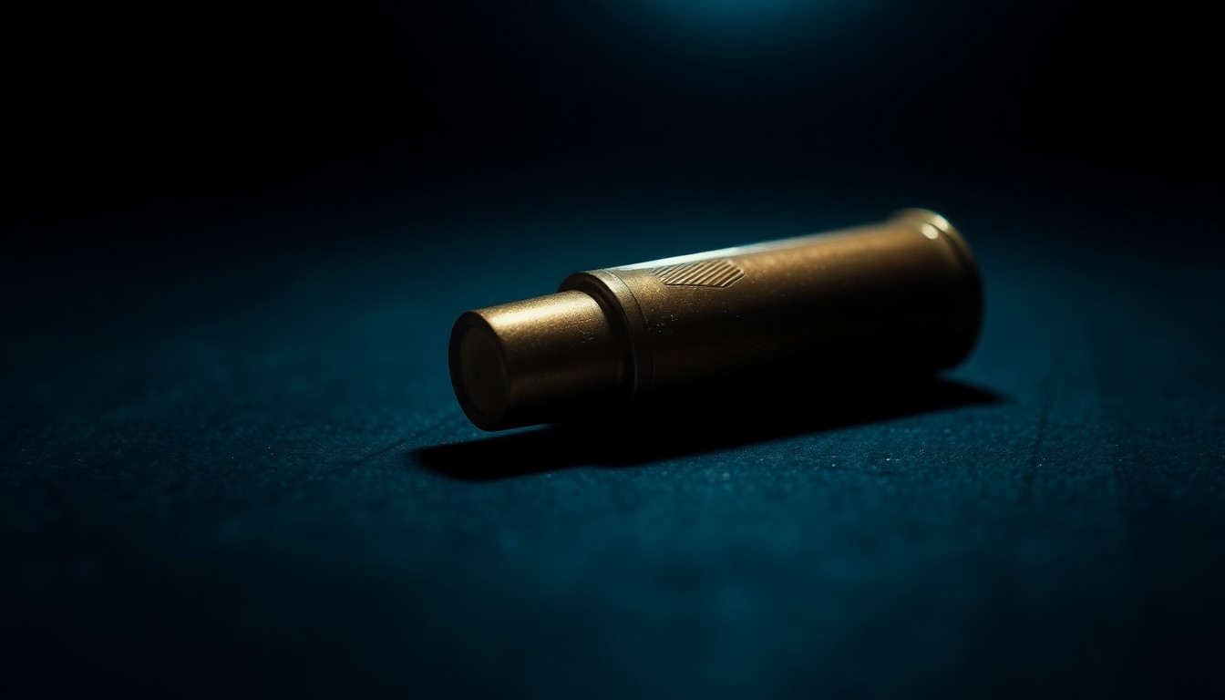 An extreme close-up photograph of a single spent shell casing on a dark surface, lit by a harsh, direct camera flash, conceptually illustrating the evidence of a firearm-related incident.