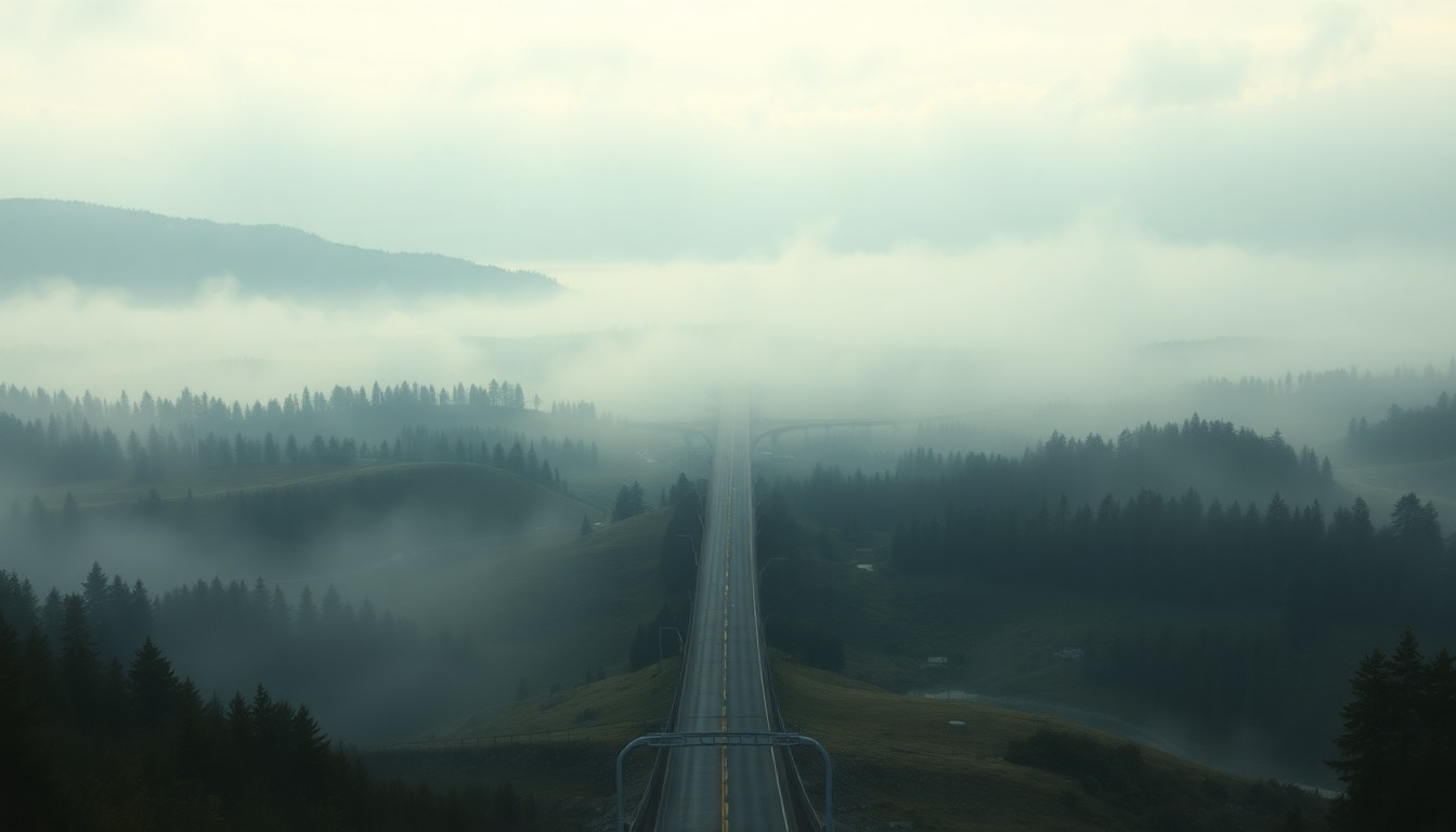 A sweeping, atmospheric landscape painting in muted tones, with a lonely stretch of highway cutting through a vast, fog-shrouded expanse, the off-ramp and surrounding structures barely visible, dwarfed by the overwhelming scale of the natural environment.