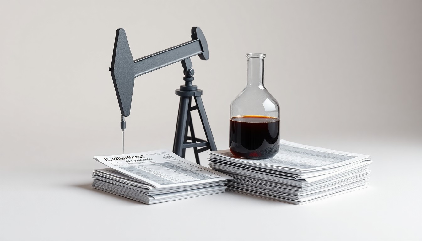 A high-end, photorealistic studio still-life photograph featuring a polished metal oil pump jack, a glass beaker filled with a viscous dark liquid, and a stack of financial documents, all arranged elegantly on a clean, monochromatic background, conceptually representing the intersection of energy production, finance, and investment.