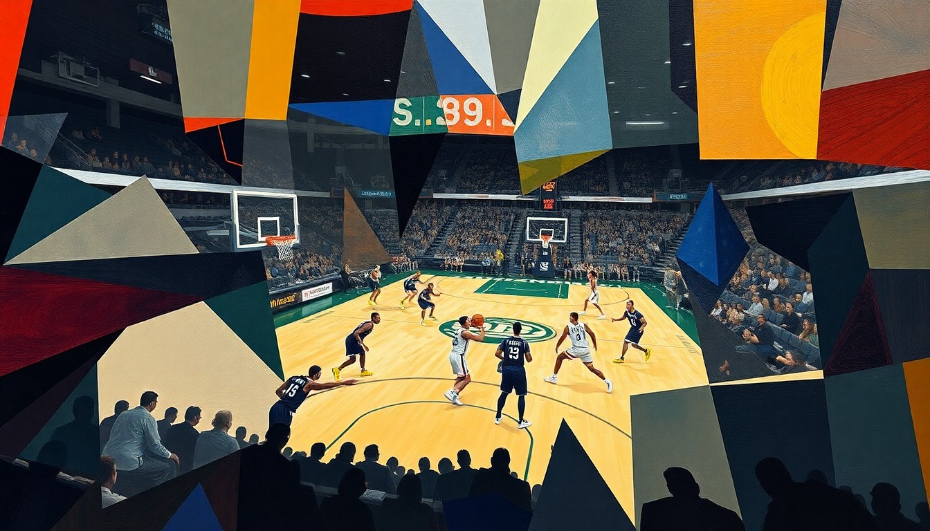 A cubist, geometric painting depicting the fragmented forms of college basketball players on a court, with the arena fading into the background in a conceptual illustration of roster changes and uncertainty.