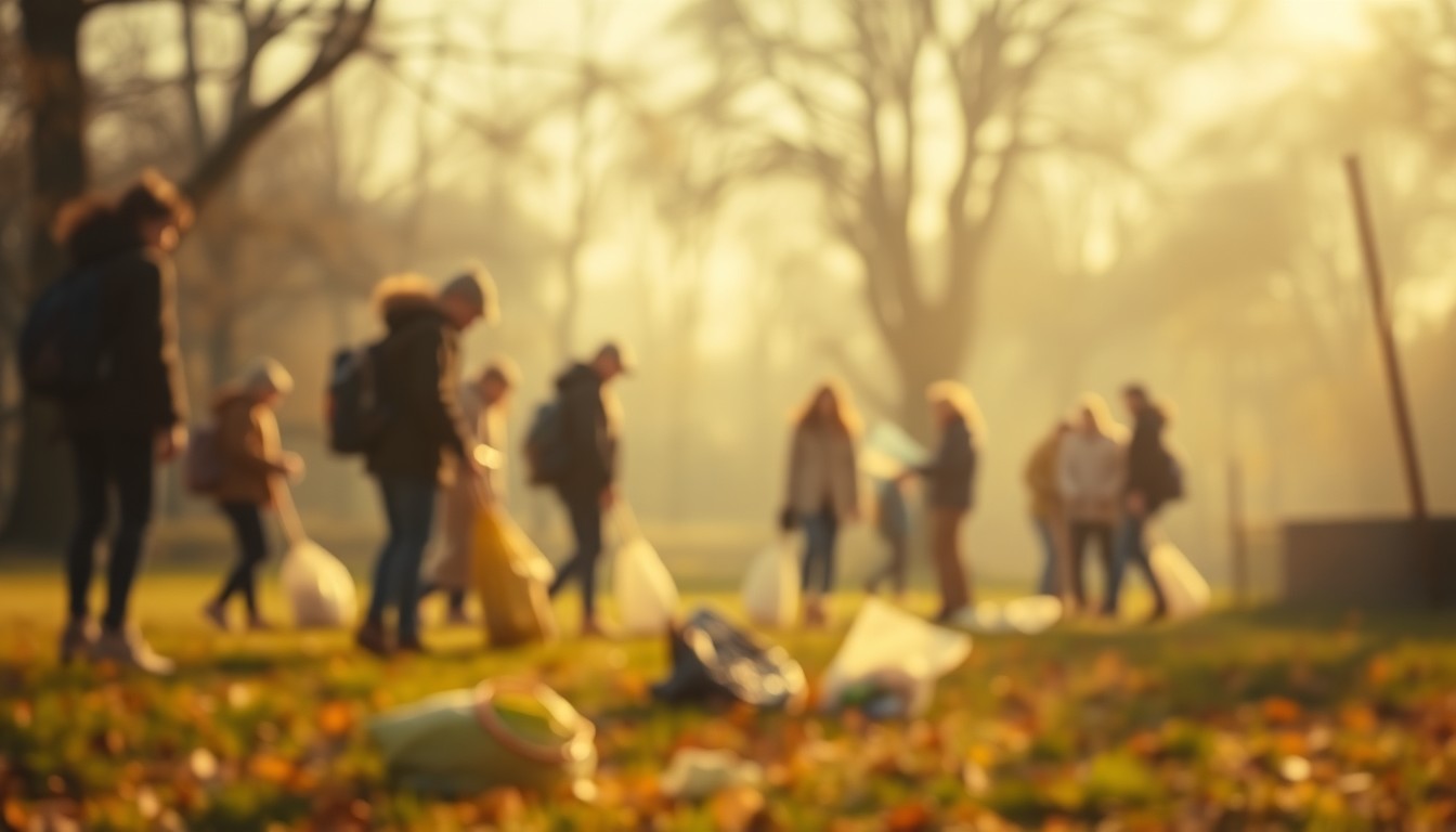 An abstract, impressionistic photograph showing a group of people picking up litter in a park, with the background blurred into soft, warm pools of light and color, conceptually representing the community effort to maintain public spaces.