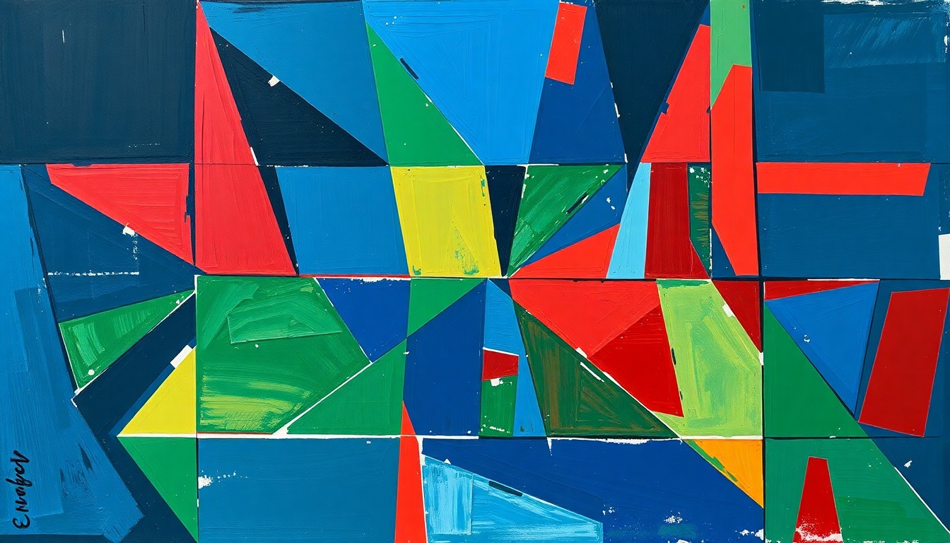 A cubist, geometric painting depicting a fragmented basketball game, with sharp planes of navy, green, and red intersecting to create a dynamic, multi-angled visual representation of the sport.