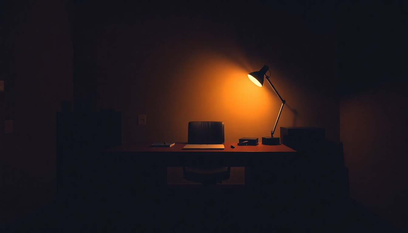 A dimly lit, cinematic painting of a solitary government office desk with a single desk lamp casting warm, diagonal light and deep shadows, conceptually representing the quiet, bureaucratic power struggles over surveillance laws.