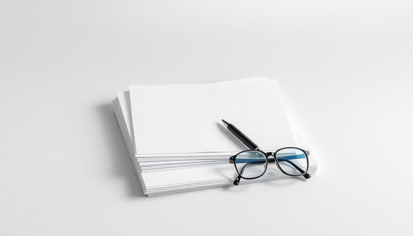 A high-end, photorealistic studio still-life photograph featuring a stack of legal documents, a pen, and a pair of eyeglasses arranged elegantly on a clean, monochromatic seamless background, conceptually representing the abstract ideas of corporate strategy, finance, and global expansion.