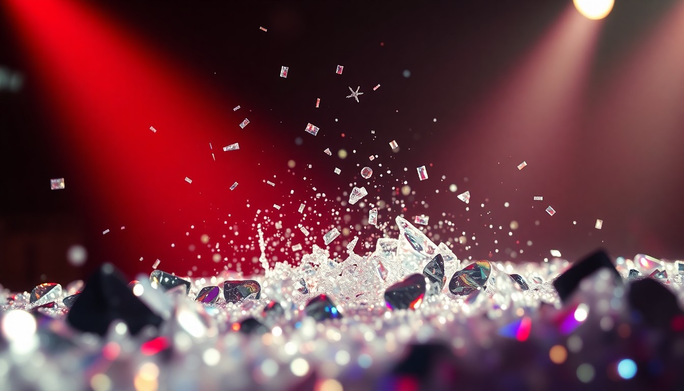 An abstract close-up photograph featuring a dramatic, high-contrast composition of glittering sequins and shattered disco glass, capturing the energy and excitement of a live concert performance.