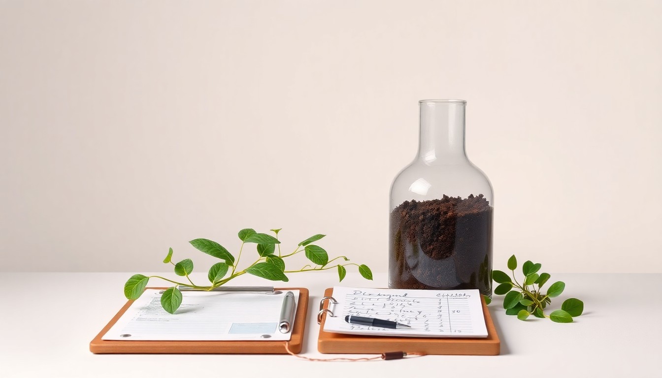 A photorealistic studio still life featuring a glass beaker filled with soil samples, a clipboard with handwritten notes, and a few nitrogen-rich plants, conveying the precision and data-driven nature of the nitrogen soil sampling project.