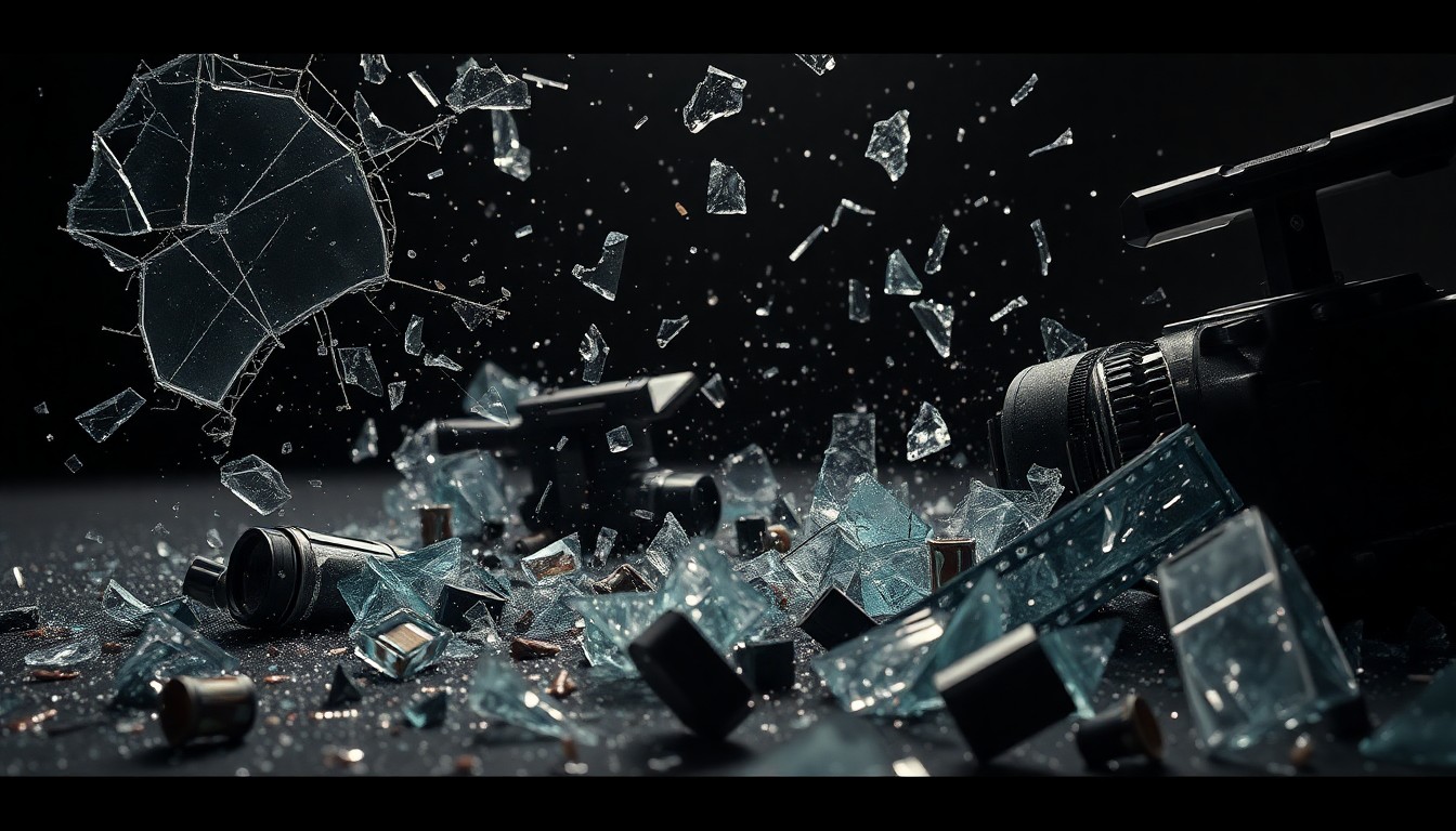 An abstract close-up photograph of shattered glass and crumpled film equipment, using dramatic high-contrast lighting to create a somber, glamorous mood.