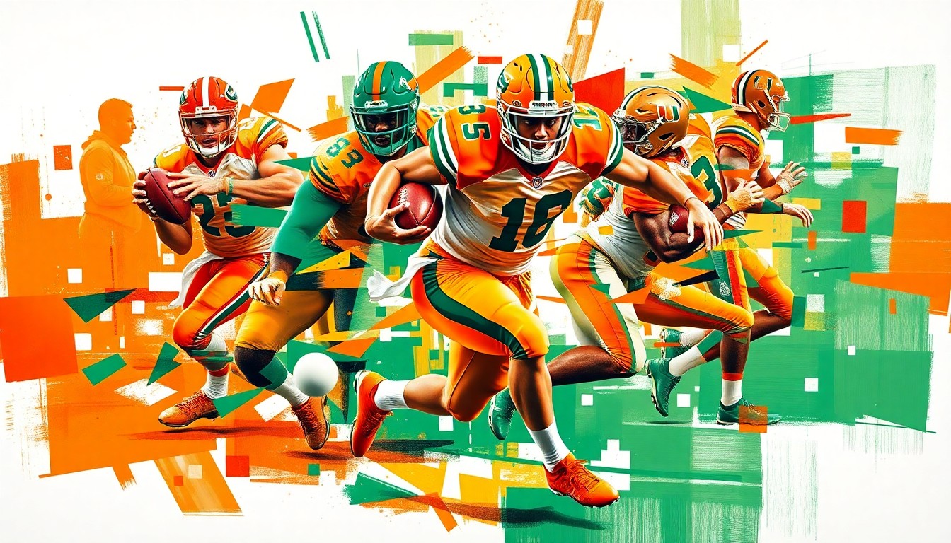 A fragmented, geometric painting depicting the explosive movements and techniques of a football player, rendered in the bold colors of the Miami Hurricanes' team palette.