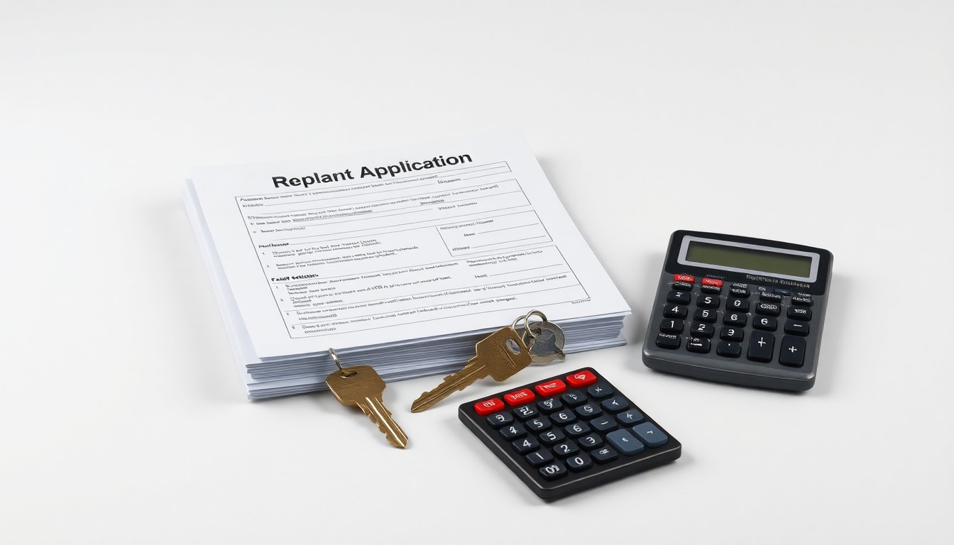 A photorealistic studio still life featuring a stack of apartment rental applications, a set of house keys, and a calculator on a clean, monochromatic background, symbolizing the abstract concepts of housing supply, demand, and affordability in the Mission and Johnson County area.