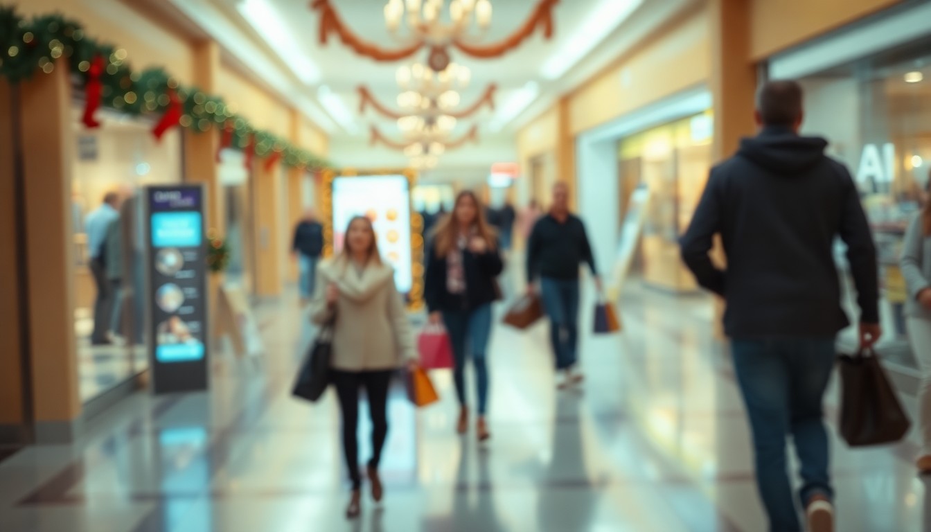 An abstract, out-of-focus photograph of a mall interior, with blurred holiday decorations and a faint glow of a donation kiosk in the background, conveying the warm, community-driven spirit of the Cottonwood Mall giving machine.