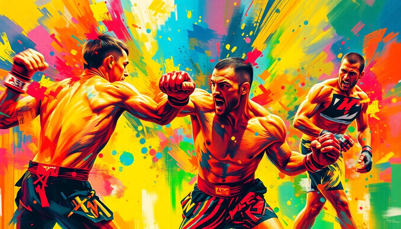 An abstract, neon-colored painting with dynamic, blurred figures and splashes of vibrant colors representing the intense action of a heavyweight MMA fight.