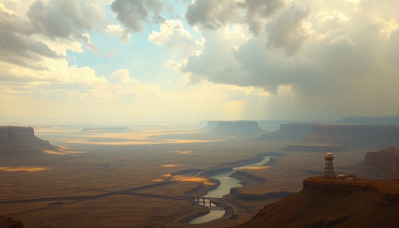 A vast, atmospheric landscape painting in muted tones of grey, blue, and brown, with a distant horizon line and dramatic clouds overhead. The physical features of the land are dwarfed by the overwhelming scale of the natural environment, conveying a sense of the severe drought conditions impacting the Colorado River Basin.