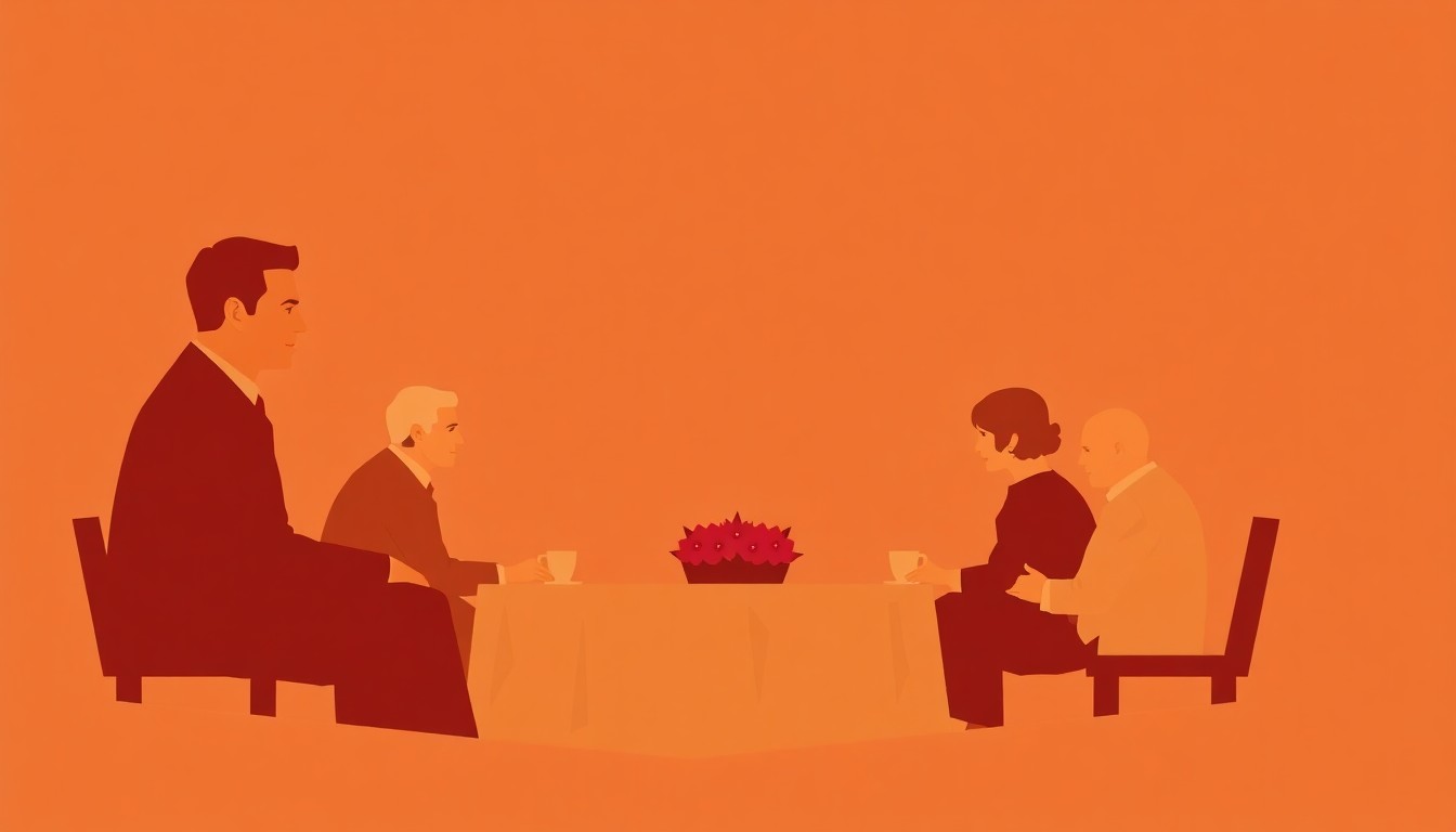 An abstract, minimalist illustration featuring jagged geometric shapes in warm earth tones, conceptually representing the Southern setting and family themes of the 'Southern Fried Funeral' play.