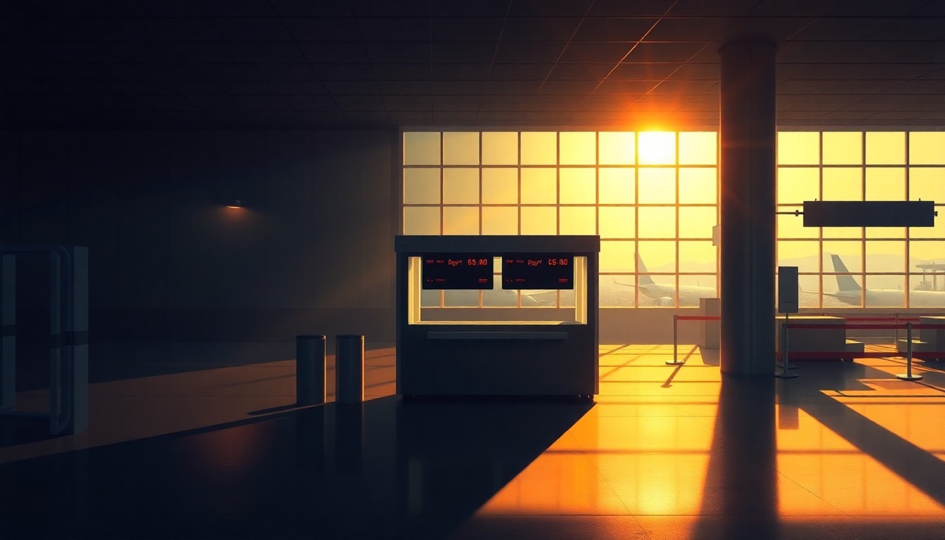 A serene, photorealistic painting of an empty airport security checkpoint, with warm sunlight streaming in through large windows and deep shadows cast across the floor and walls, conveying a sense of quiet contemplation about the challenges facing airport operations.