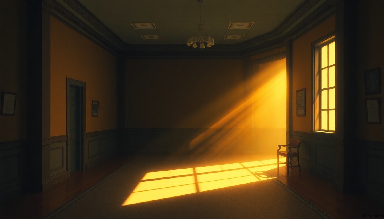 A dimly lit, cinematic interior scene of an empty government office or hearing room, with sunlight streaming in through a window and casting long shadows across the floor and walls.