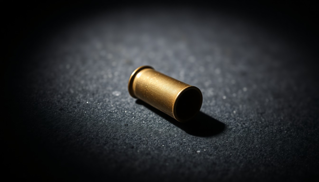 An extreme close-up photograph of a spent shell casing on a dark, textured surface, lit by a harsh, direct camera flash, conceptually representing the gun violence that occurred in Chicago over the weekend.