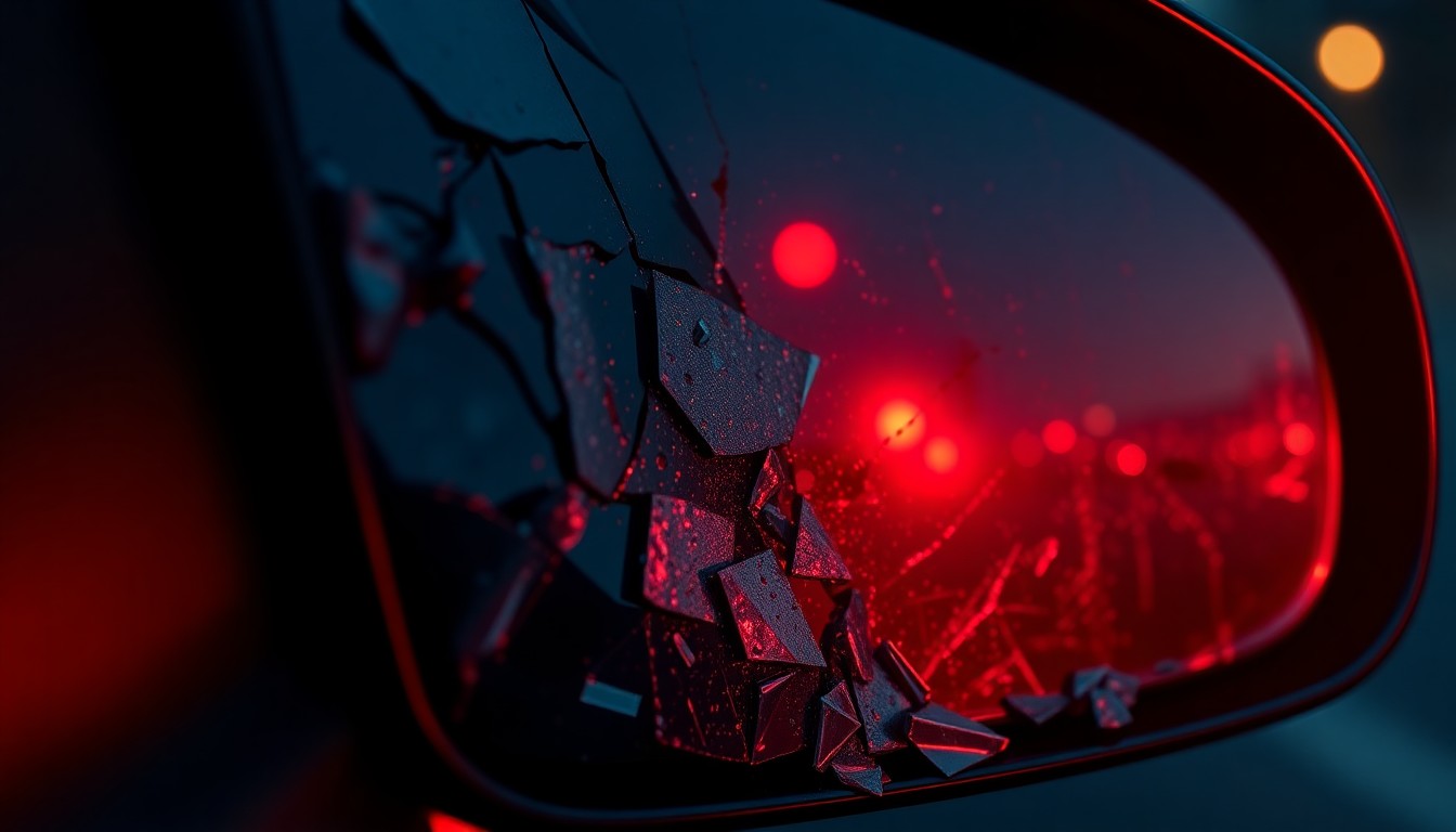 An extreme close-up of a shattered car side mirror reflecting a faint red light, conceptually representing the aftermath of a hit-and-run incident.