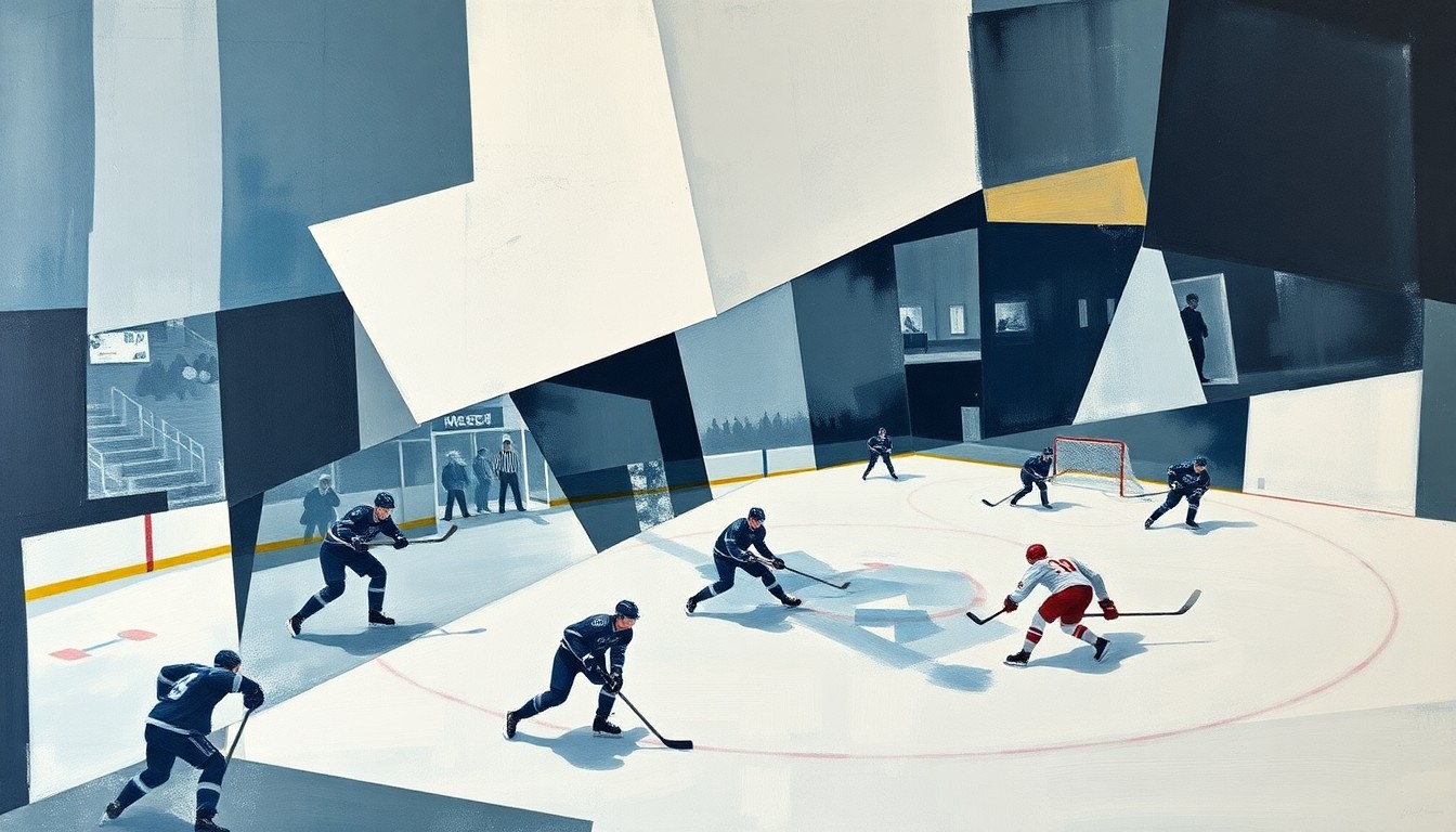 A cubist, geometric painting depicting a fragmented hockey game, with players and the rink broken down into overlapping angular shapes in muted blues, grays, and whites.