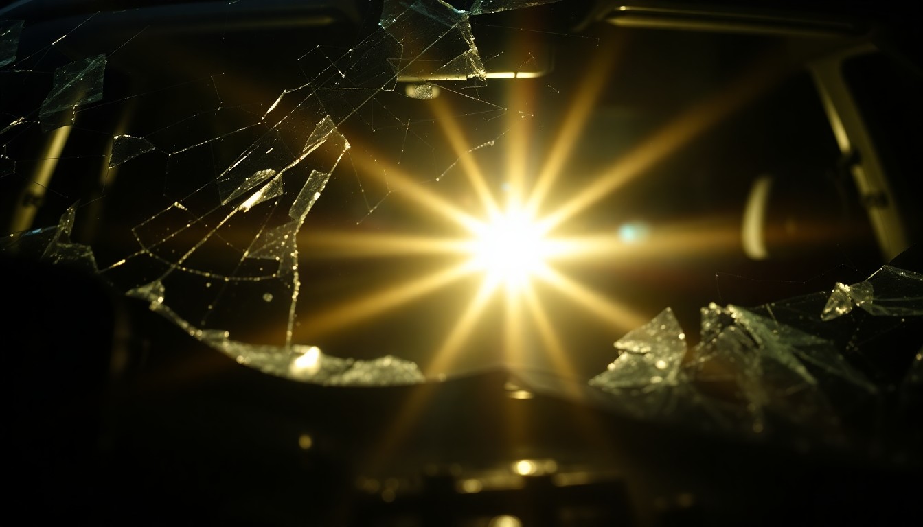 An extreme close-up photograph of a shattered car windshield reflecting the harsh glare of a camera flash, conceptually illustrating the aftermath of a fatal vehicular incident.