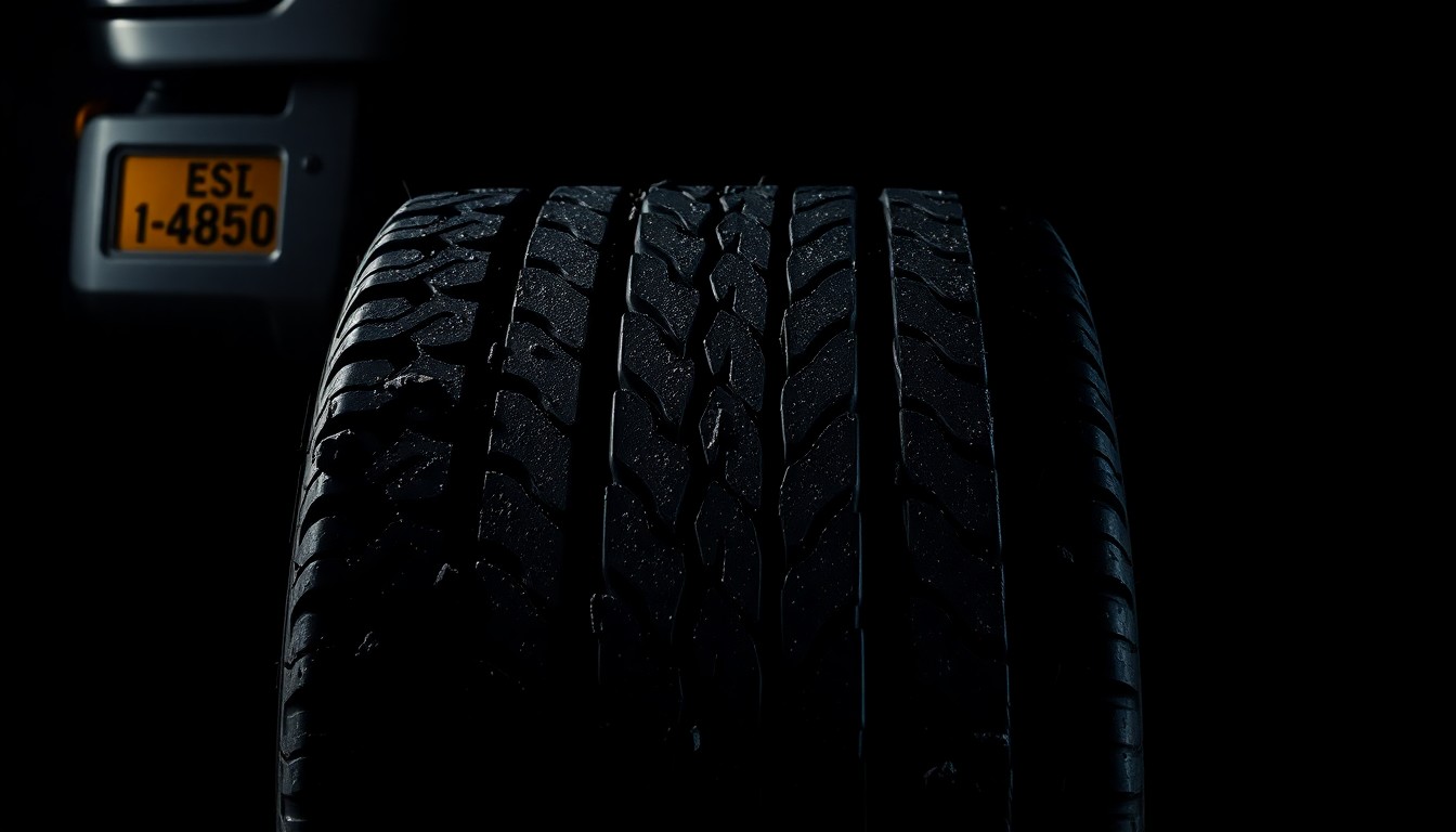 An extreme close-up of a heavily damaged truck tire tread, the harsh lighting and stark black background creating a gritty, investigative aesthetic that conceptually represents the aftermath of a serious vehicle accident.