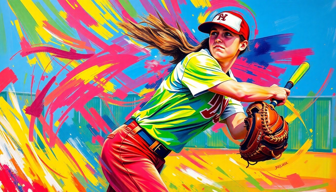 An abstract, energetic painting in neon colors depicting the dynamic motion and power of a high school softball player, conveying the raw athleticism and talent celebrated by the Enquirer/Beacon athlete of the week award.
