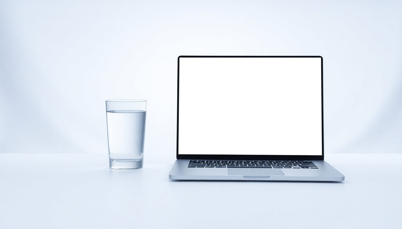 A photorealistic studio photograph featuring a modern laptop computer and a glass of water on a clean, white background, symbolizing the conflict between data center technology and local water resources.