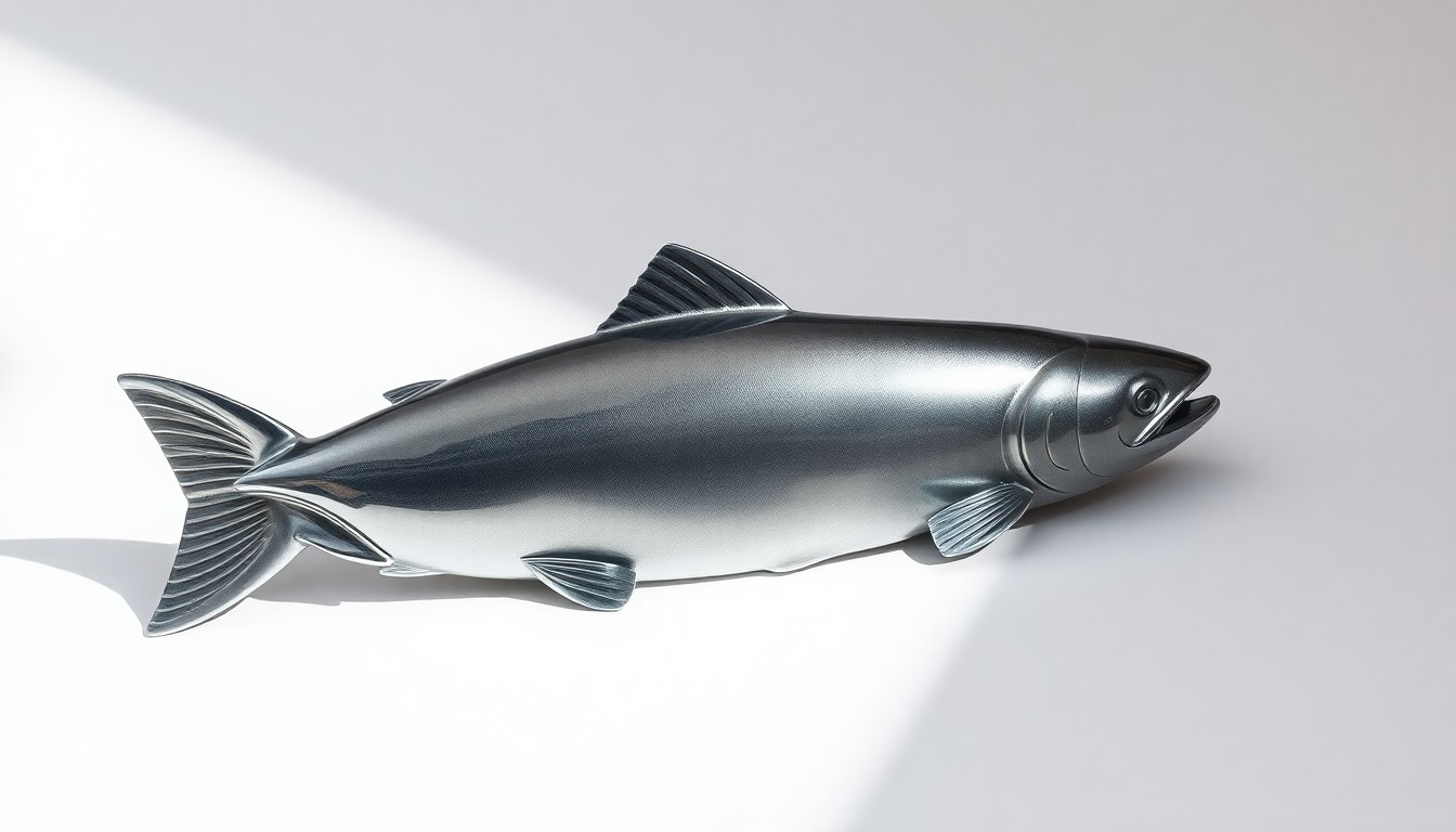 A photorealistic studio still-life image of a polished metal sculpture of a salmon, dramatically lit to highlight the fish's sleek, streamlined form against a clean, white background, conceptually representing the recovery of California's salmon population.