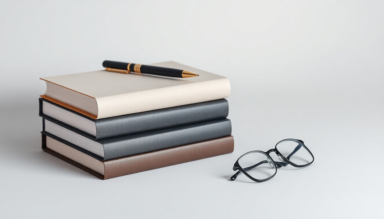 A photorealistic studio still life featuring a stack of law books, a pen, and a pair of eyeglasses arranged elegantly on a clean, monochromatic background, conveying the abstract concepts of corporate strategy, finance, and legal expertise.