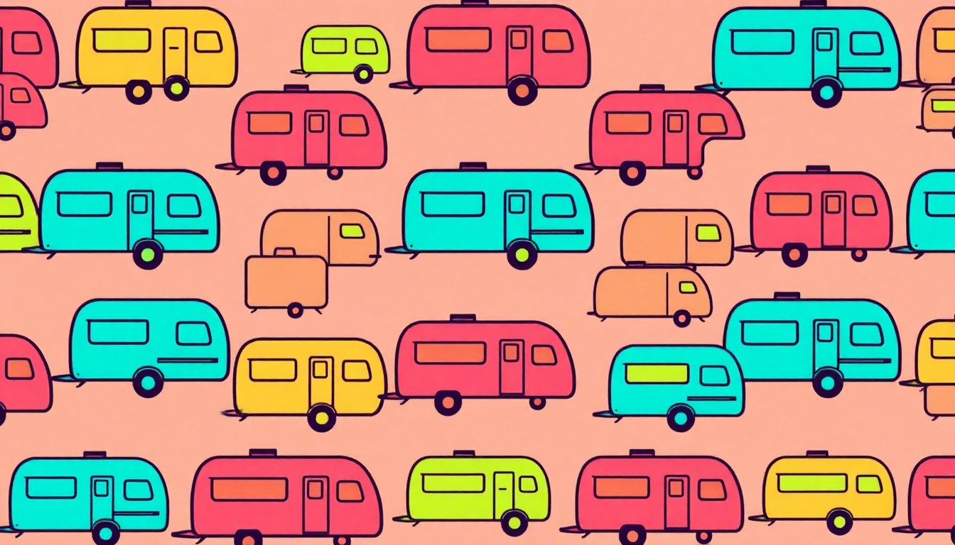 A bold, colorful silkscreen-style illustration featuring a repeated icon of a recreational vehicle or trailer, rendered in a vibrant, high-contrast pop art style that captures the spirit of the city's new parking regulations.