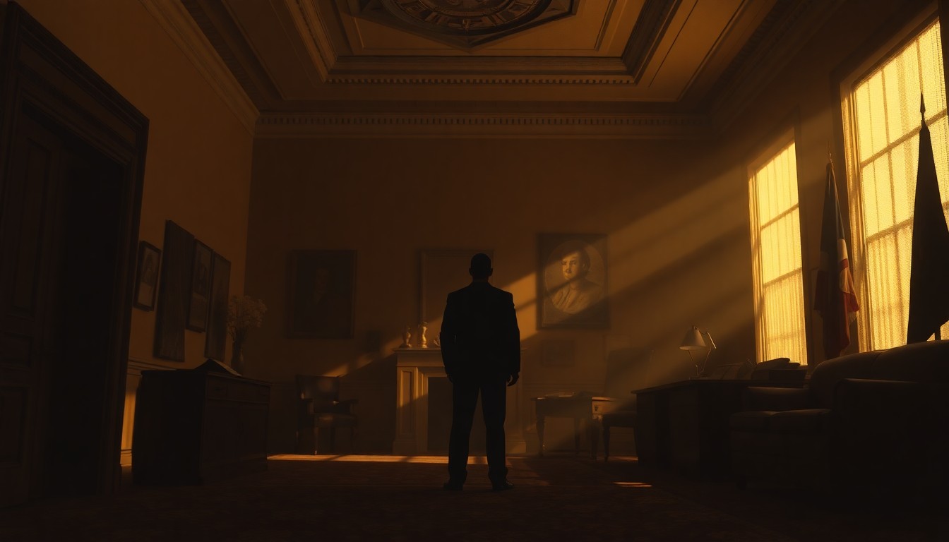 A cinematic painting of a solitary, shadowy figure standing alone in a dimly lit government office, bathed in warm, diagonal sunlight, conveying a sense of political isolation and unease.