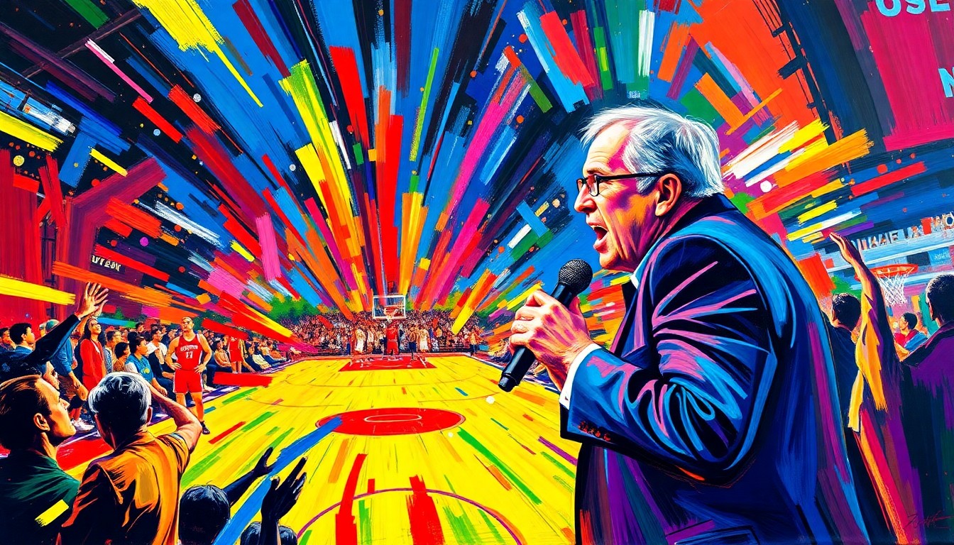 An abstract expressionist painting featuring bold, energetic brushstrokes in neon shades of blue, orange, and pink, capturing the dynamic and passionate essence of Dick Vitale's college basketball commentary.