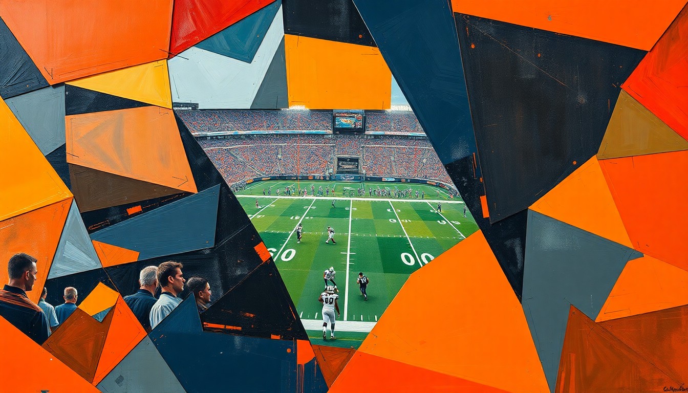 A fragmented, geometric painting in shades of orange, blue, and grey, depicting an abstract football or draft scene broken down into sharp, overlapping planes, conveying the complexity of the player evaluation process.