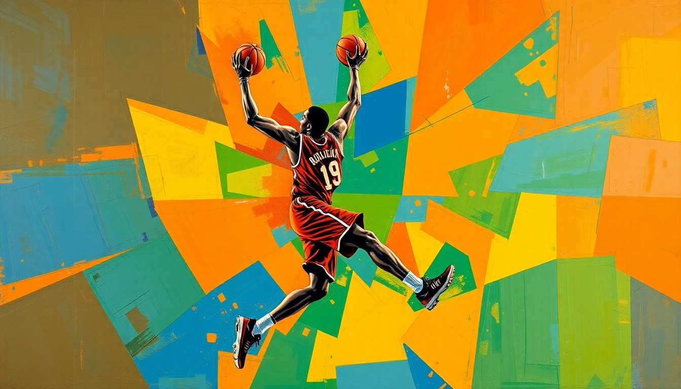 A cubist-style painting depicting a basketball player's movements broken down into sharp, geometric shapes and planes in vibrant colors, conceptually representing the multifaceted nature of Luka Bogavac's game.