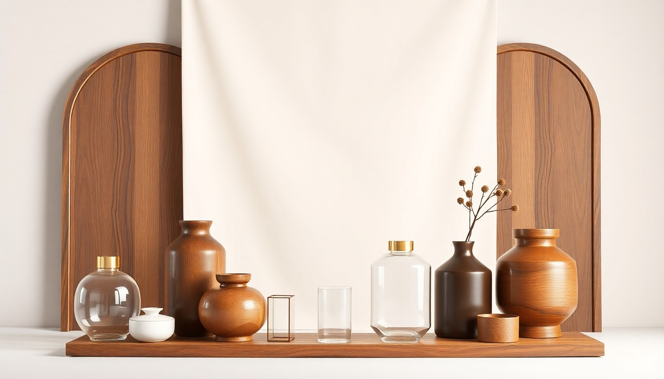 A high-end, photorealistic studio still-life photograph featuring a collection of premium, polished wooden and metal home decor objects arranged elegantly on a clean, monochromatic seamless background, conceptually representing RH's focus on strategic inventory planning.