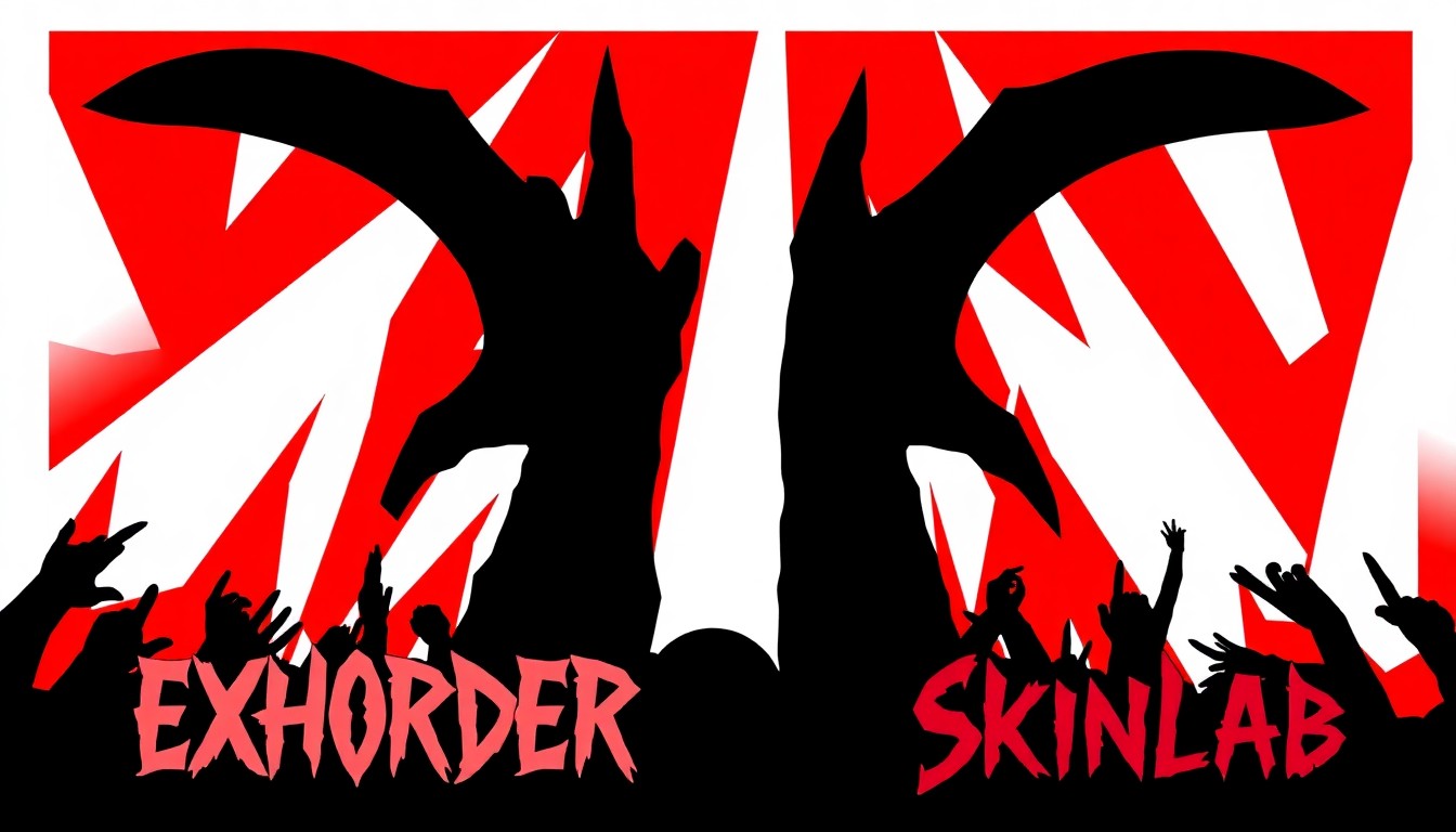 A bold, graphic composition of jagged, high-contrast black silhouettes representing the aggressive, technical sound of thrash metal, with vibrant red and white shapes creating a striking, minimalist poster aesthetic.