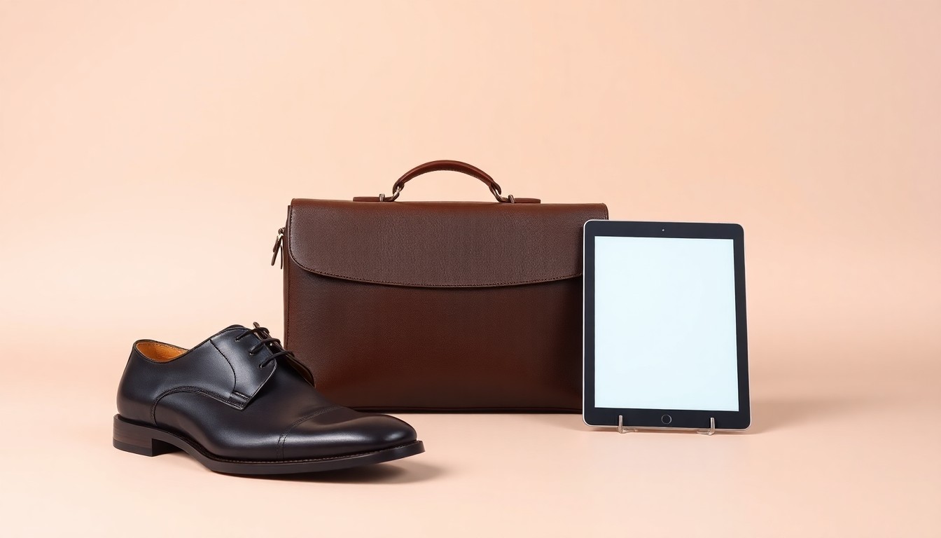 A high-end, photorealistic studio still-life photograph featuring a pair of premium leather dress shoes, a leather briefcase, and a tablet computer arranged elegantly on a clean, monochromatic background, conceptually representing the abstract business of international market access and strategic partnerships in the footwear industry.