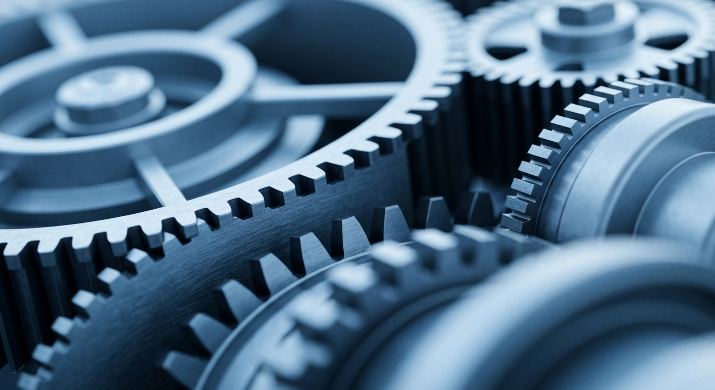 An extreme close-up of interlocking metal gears and machinery, conveying the complex financial infrastructure involved in a SPAC initial public offering.