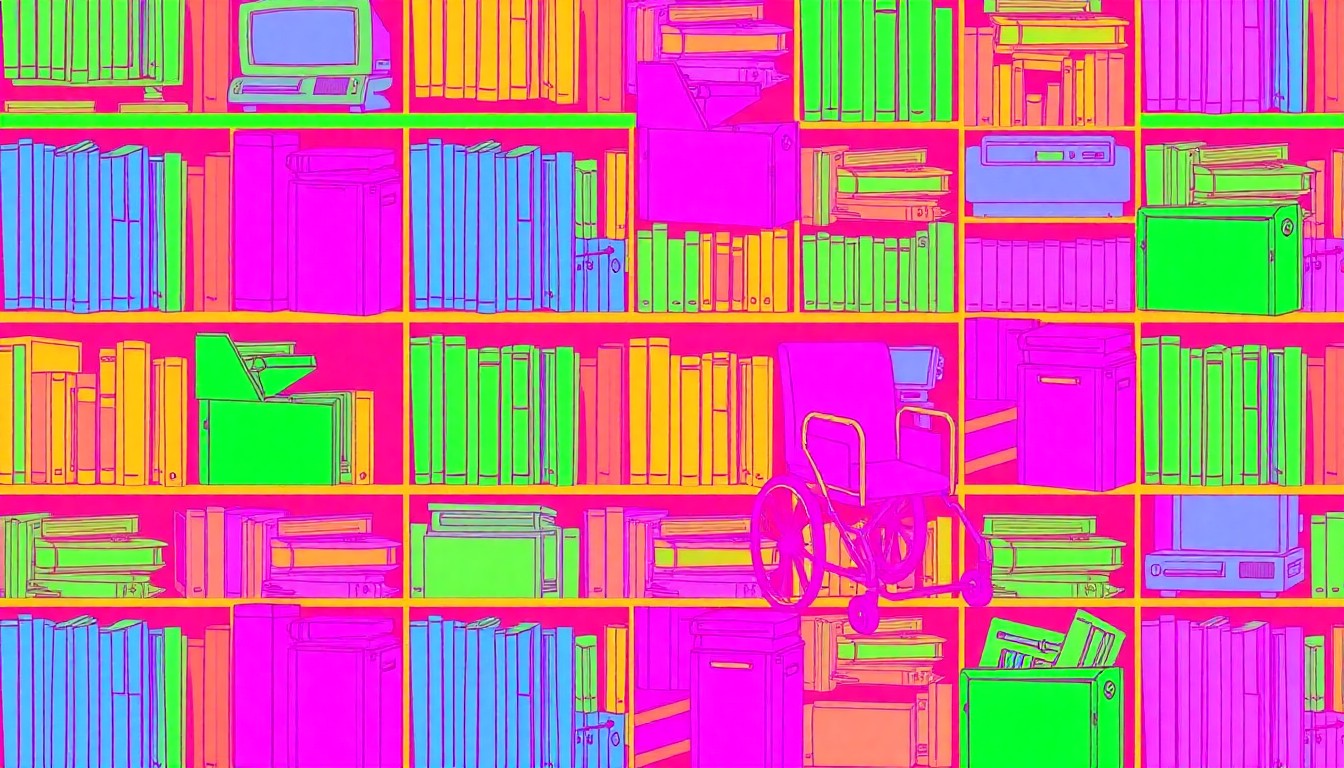 A high-contrast, brightly colored silkscreen print featuring a repeated pattern of an iconic library object like a book or computer, rendered in a bold, pop art style that captures the celebratory energy of increased accessibility in rural communities.