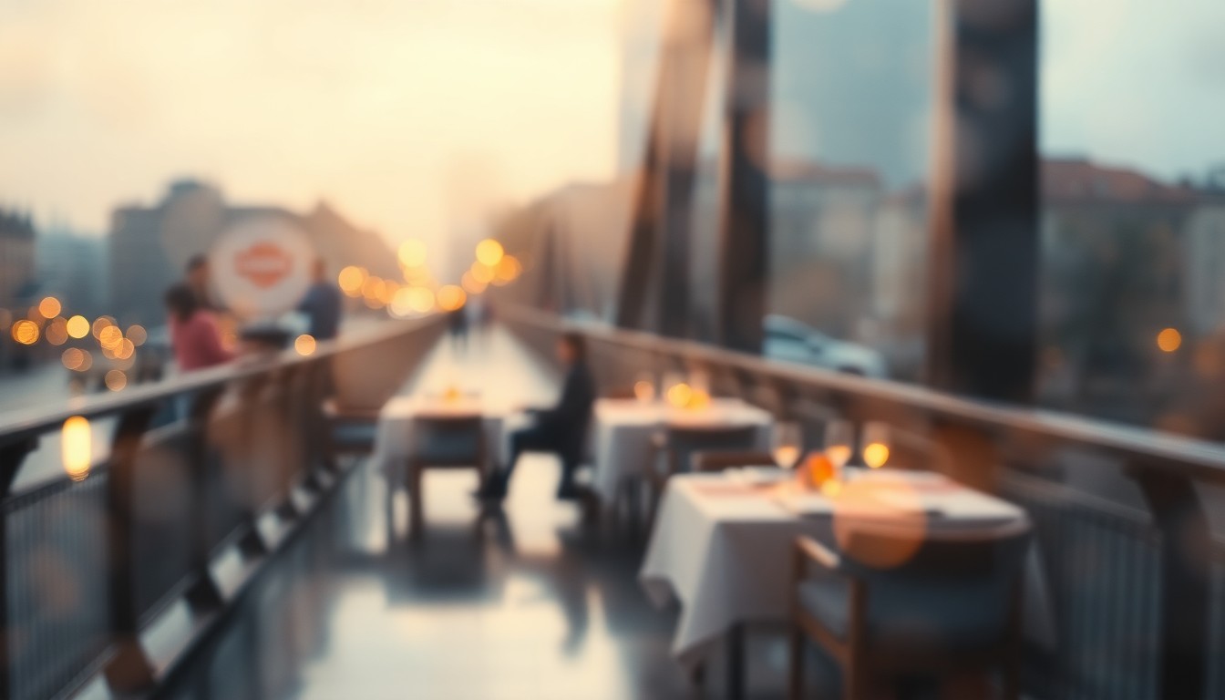 An extremely blurred, dreamlike image of an elegant dinner table set up on a pedestrian bridge, with the surrounding cityscape visible through a hazy, out-of-focus lens.