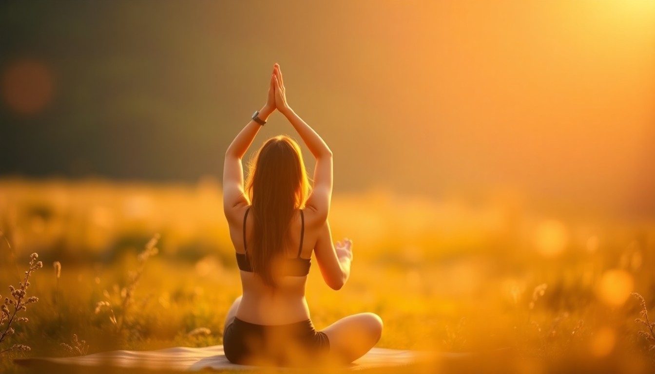 An extremely abstracted, out-of-focus photograph of a person sitting in a yoga pose, surrounded by soft, warm pools of light and color, conveying a sense of calm and mindfulness.