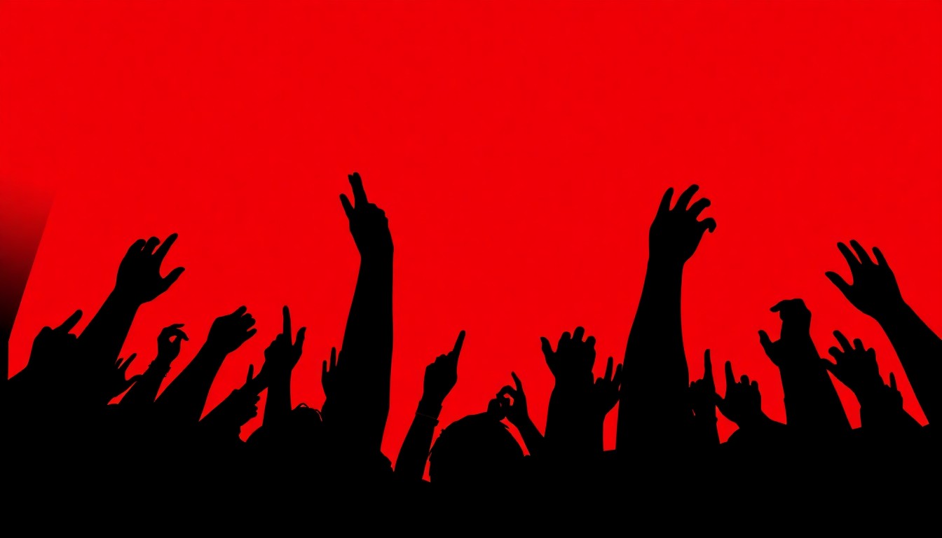 An abstract, minimalist illustration featuring sharp, angular black silhouettes against a vibrant red background, capturing the dynamic energy of a country music concert.