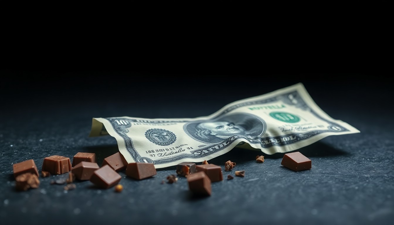 An extreme close-up photograph of scattered cash and chocolate pieces on a dark, textured surface, conveying the aftermath of a violent robbery through dramatic lighting and stark composition.