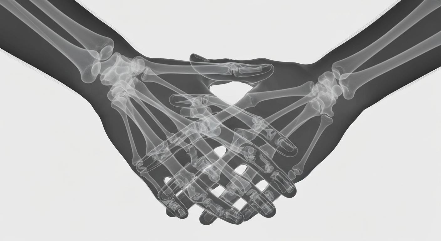 A translucent X-ray photograph showing the delicate, ghostly structures of a couple's intertwined hands, symbolizing the emotional vulnerability of a relationship under stress.