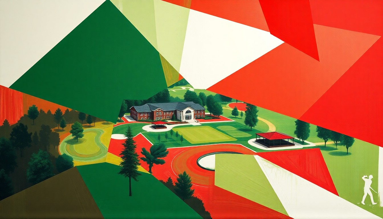 A cubist, geometric painting depicting the various elements of a college golf training facility, including a driving range, putting green, and high-tech simulators, all rendered in a palette of crimson, green, and white.