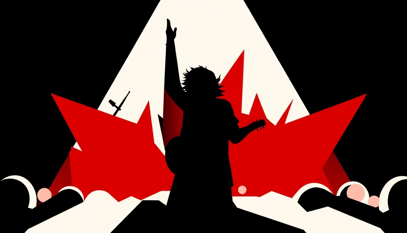 An abstract, minimalist illustration featuring bold, angular shapes in black and red, capturing the energy and rhythm of a live music performance.