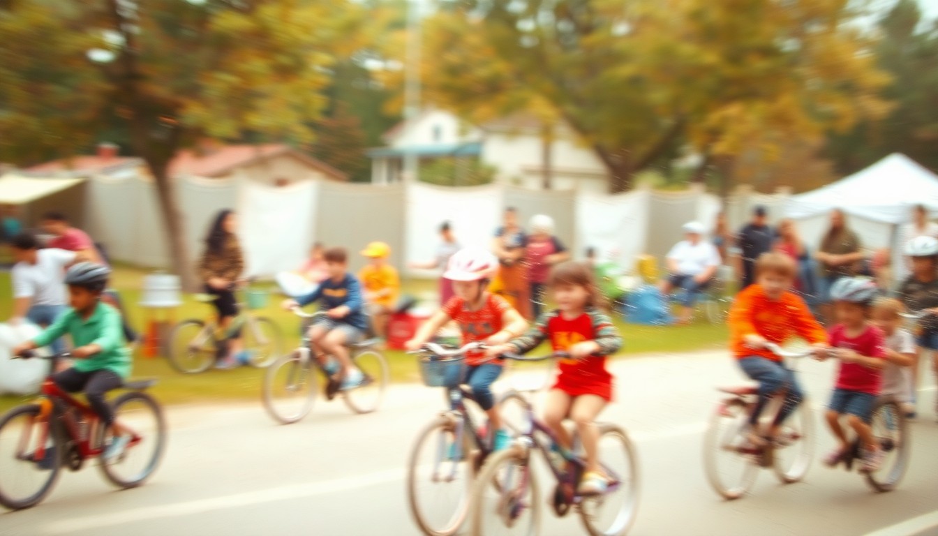 An abstract, impressionistic scene of blurred, colorful shapes representing children on bicycles and participating in safety activities at an outdoor community event.