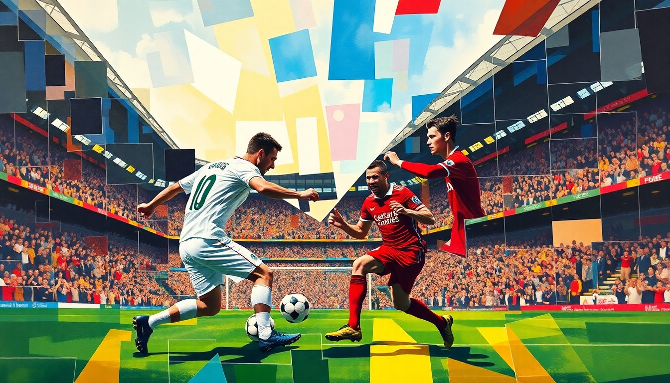 A cubist, geometric painting depicting a Leeds United vs. Manchester United football match, with the players and field broken down into sharp, overlapping planes of color.