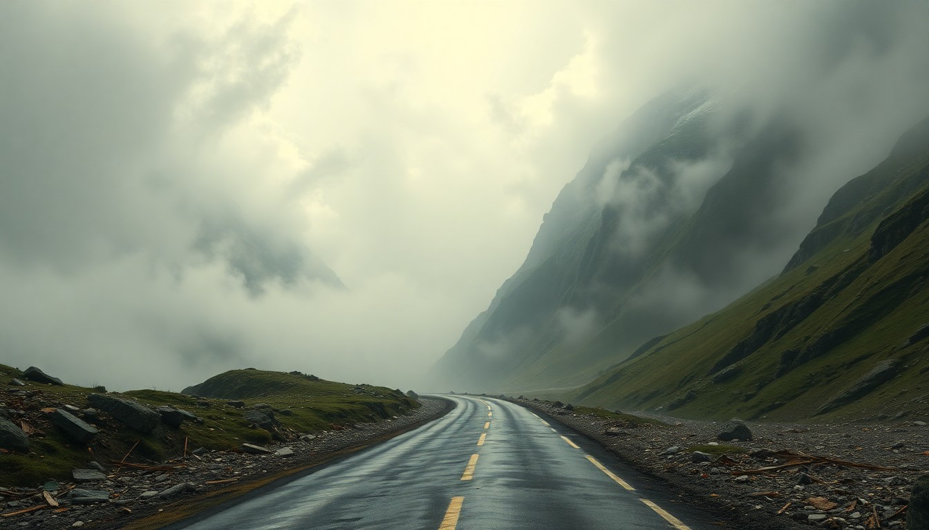 A sweeping, atmospheric landscape painting with a winding mountain road partially obscured by heavy fog and debris, conveying the overwhelming scale of the natural forces at play.