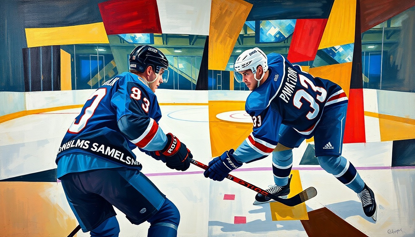 A cubist, geometric painting depicting overlapping planes and shapes in shades of blue, green, and red, representing the dynamic defensive play of Rasmus Dahlin and Mattias Samuelsson.