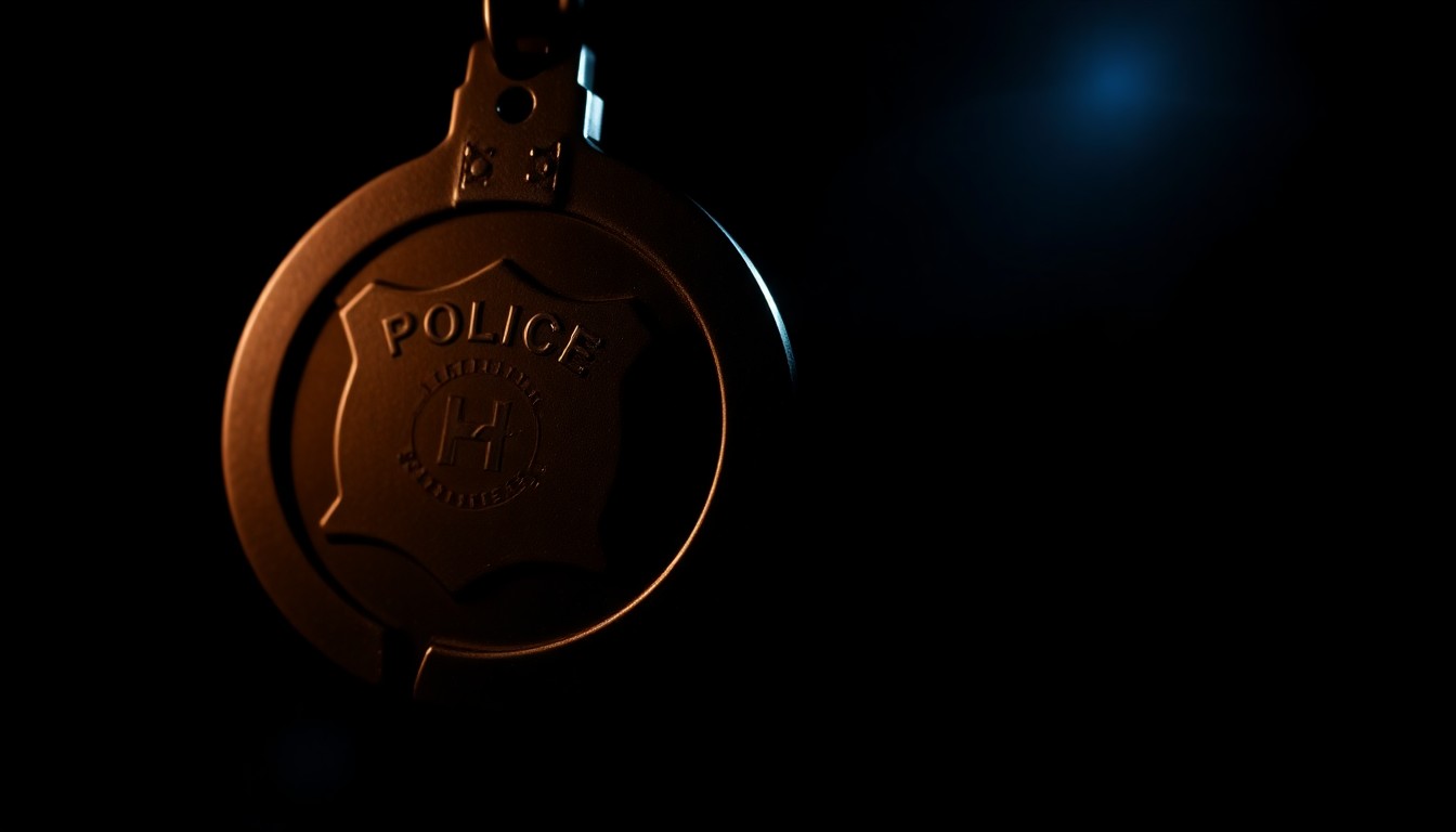 An extreme close-up photograph of a police badge or handcuffs against a stark black background, capturing the gritty, investigative nature of the police work described in the story.